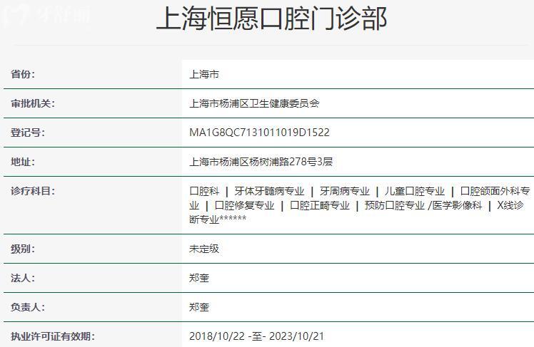 上海恒愿口腔門診部資質(zhì)