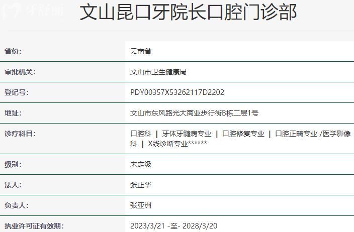 文山昆口牙院長口腔門診部資質(zhì)