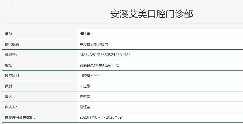 泉州安溪艾美口腔門診部衛(wèi)健委資料