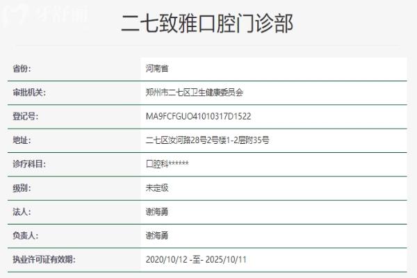 鄭州二七致雅口腔門診部資質(zhì)