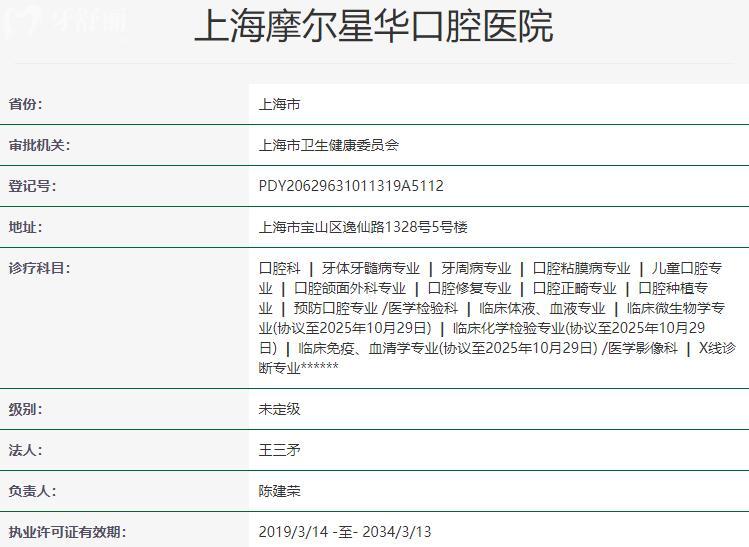上海摩爾星華口腔醫(yī)院資質(zhì)