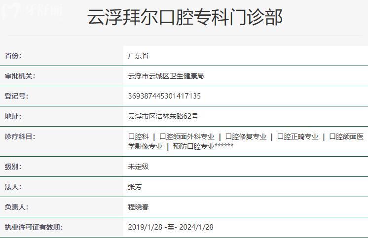 云浮拜爾口腔?？崎T診部資質(zhì)