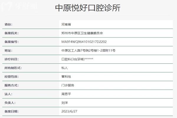 鄭州中原悅好口腔診所資質(zhì)信息