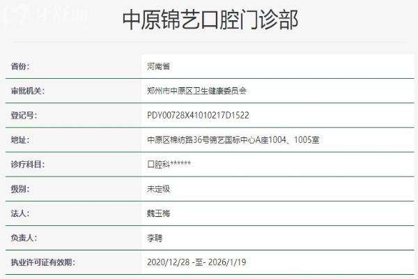 鄭州中原錦藝口腔門診部資質(zhì)信息