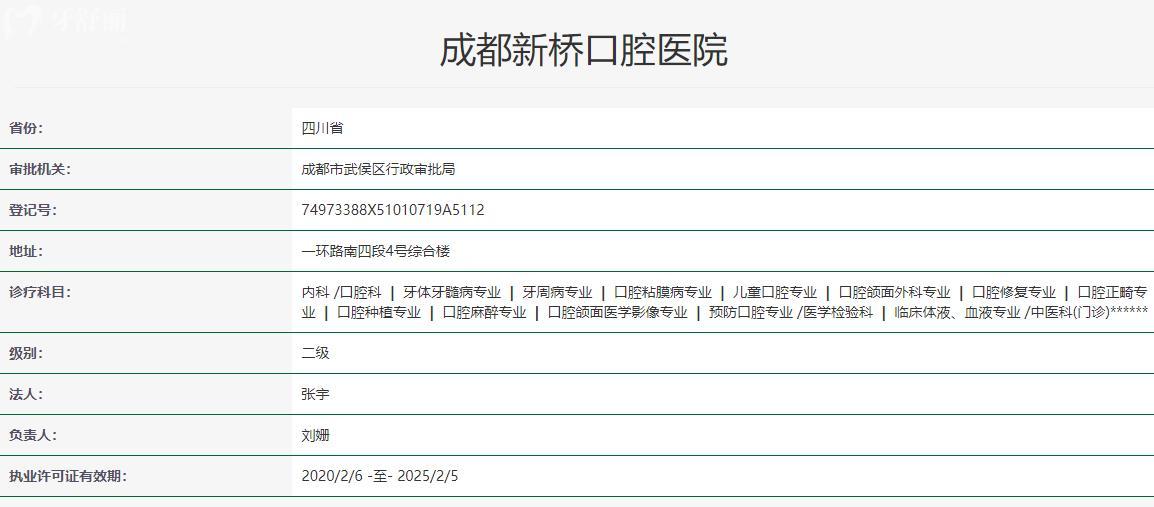 成都新橋口腔醫(yī)院衛(wèi)健委資料