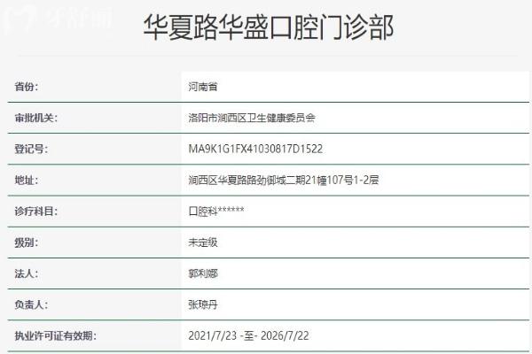 洛陽華廈路華盛口腔門診部資質信息