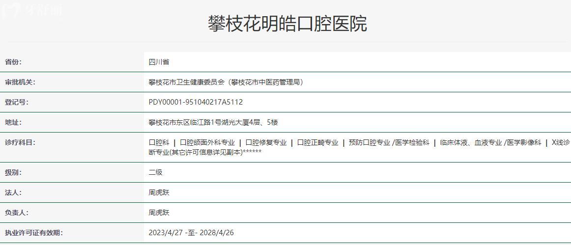 攀枝花明皓口腔醫(yī)院衛(wèi)健委資料