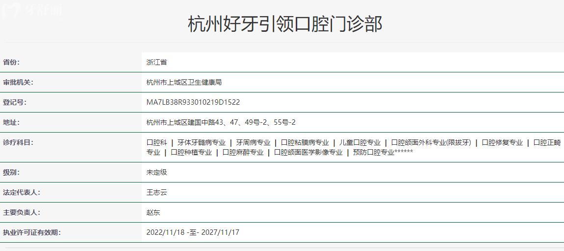 杭州好牙口腔門診衛(wèi)健委資料