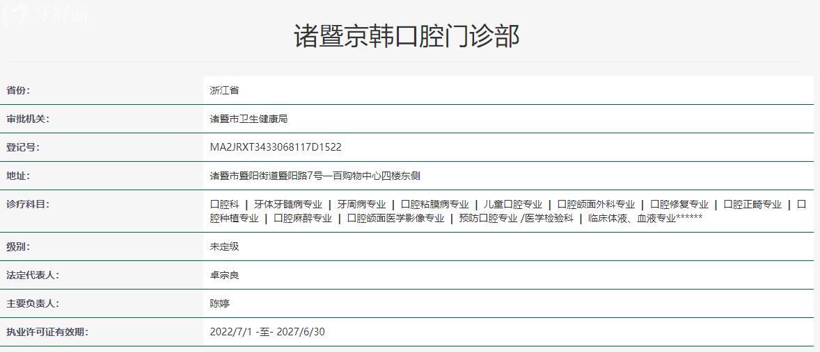 諸暨京韓口腔門診部衛(wèi)健委資料
