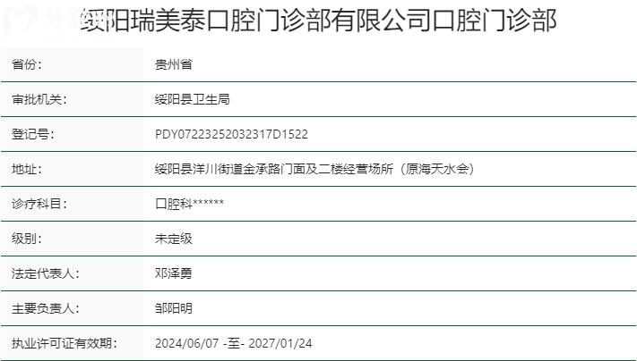 遵義綏陽(yáng)瑞美泰口腔門診部資質(zhì)