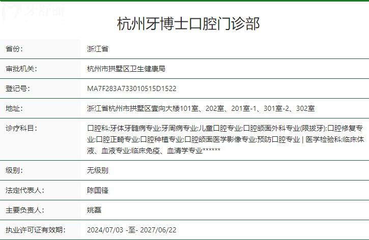 杭州牙博士口腔門診部衛(wèi)健委資質(zhì)