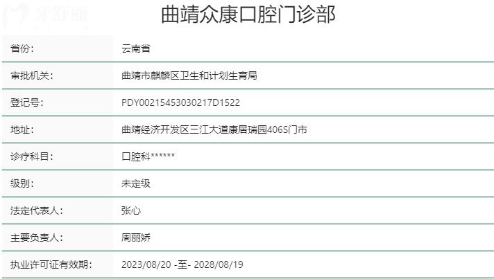 曲靖眾康口腔門診部資質(zhì)