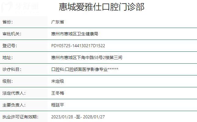 惠城愛雅仕口腔門診部資質(zhì)