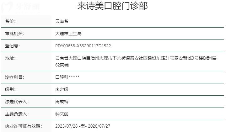 云南大理來詩美口腔資質(zhì)
