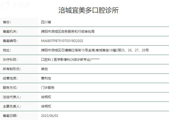 綿陽涪城宜美多口腔診所衛(wèi)健委資質(zhì)