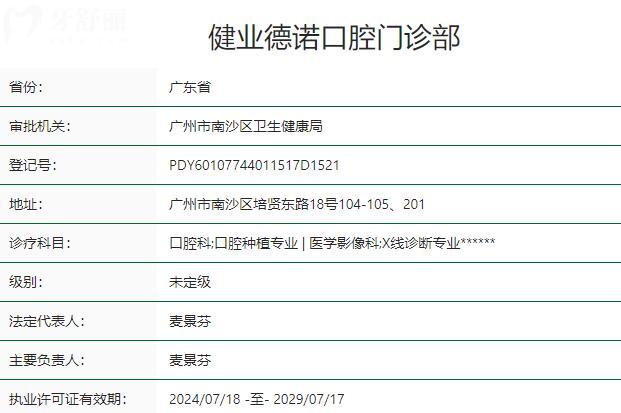 廣州健業(yè)德諾口腔門診部資質