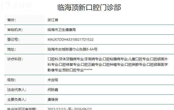 臨海頂新口腔門診部資質(zhì)