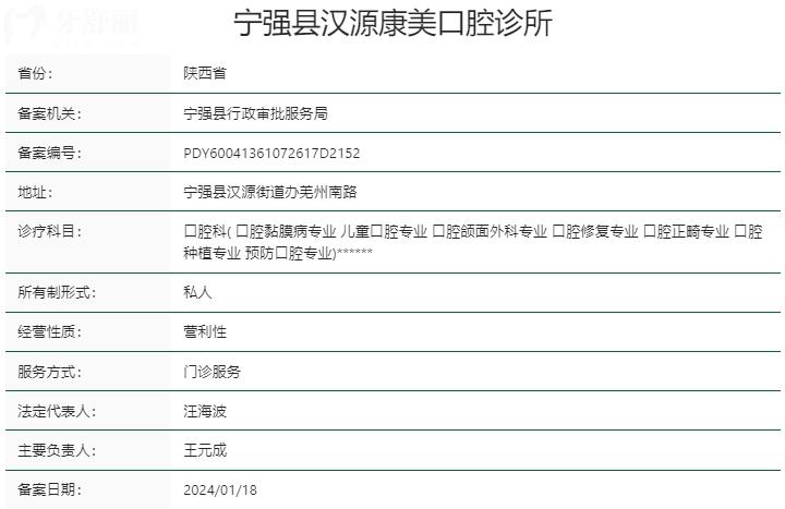漢中寧強縣漢源康美口腔診所資質(zhì)