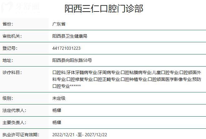 陽西三仁口腔門診部資質(zhì)