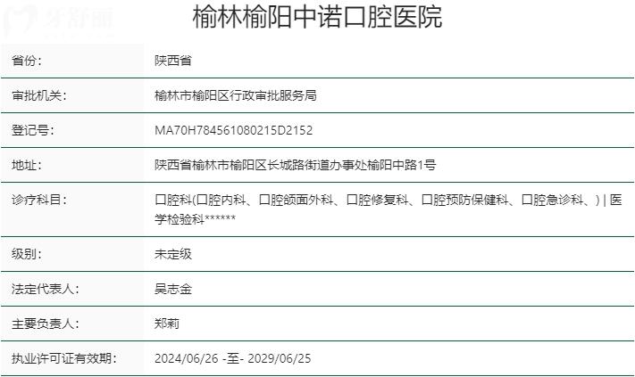 榆林榆陽(yáng)中諾口腔醫(yī)院資質(zhì)