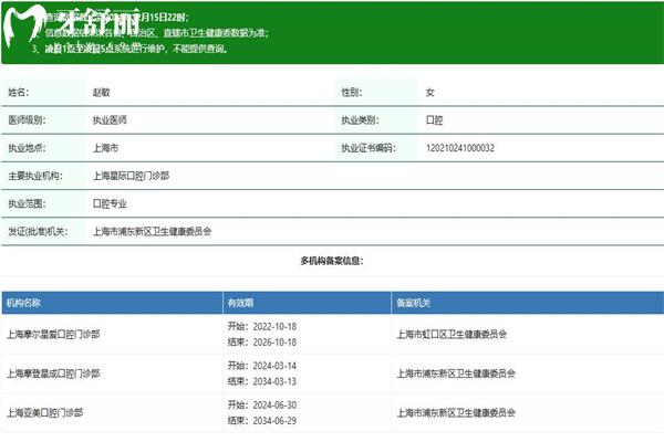 上海摩爾口腔趙敏醫(yī)生執(zhí)業(yè)資質(zhì)怎么樣