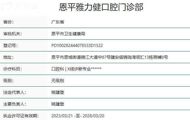 恩平雅力健口腔門診部資質(zhì)