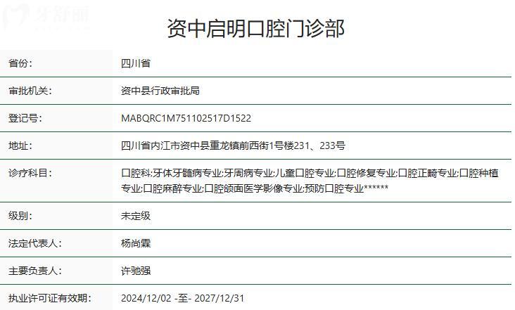 資中啟明口腔門診部衛(wèi)健委資質(zhì)